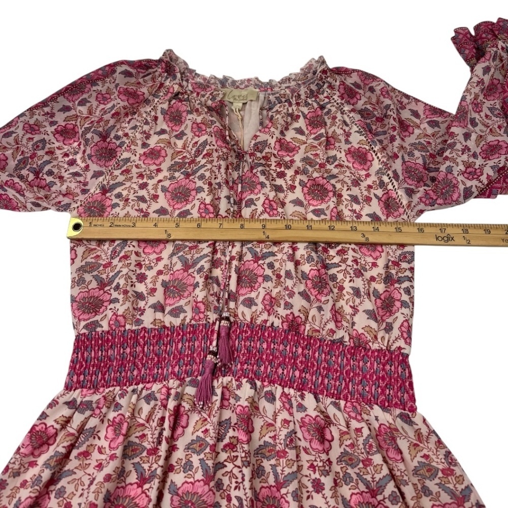 Love The Label Anthropologie Boho Floral Mini Dress Pink Smocked Tassel S - Picture 14 of 15
